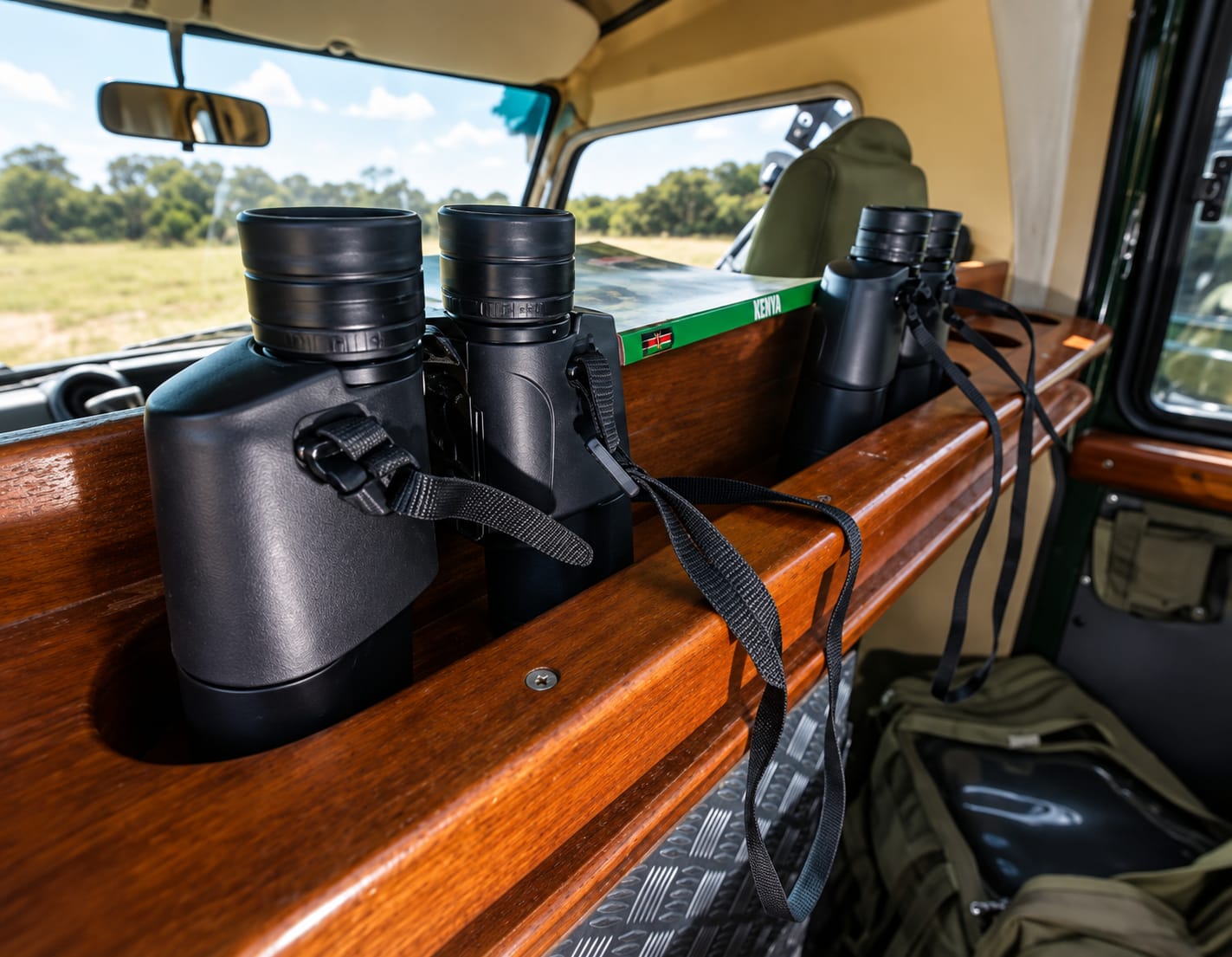 Binoculars ready in safari vehicle